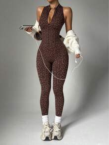 Dewbera 1pc Women's Seamless Sexy Front Zipper Stand Collar Racerback Sleeveless Deep V-Back Yoga Gymnastics Dance Exercise Jumpsuit Leopard Print Workout Jumpsuit Seamless Yoga Jumpsuit Gym Jumpsuit Activewear Jumpsuit Brown Leopard Workout Set Backless Workout Jumpsuit Leopard Print Gym Clothes - Coffee Brown - View 4