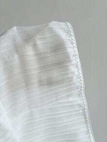 Elamini White Textured Bubble Striped Fabric Ruffle Collar Open Front Button Down Long Flare Sleeve Fitted Shirt, Women Spring/Summer Vacation Commute Office Teacher Back To School Retro Elegant Minimalist Versatile - White - View 7