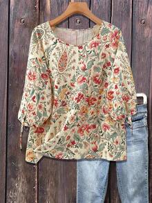 Linhara 大码女式纹理波浪碎花彼得潘领七分灯笼袖蝴蝶结复古休闲度假风衬衫，适合日常、通勤、约会等场合，春夏新品 - 彩色 - 查看 4