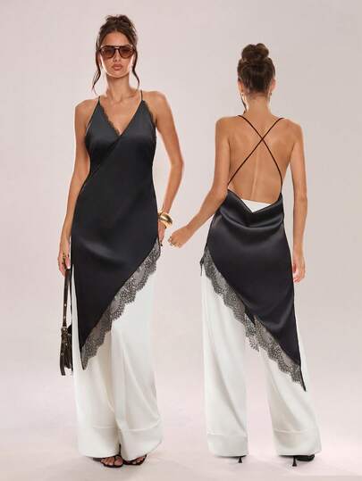 Avenya Lace Patchwork Satin, Long Length Side Slit Crossover Hem Blouse,Sexy Open-Back Black Longline Top Dress,This Solid-Colored, Versatile Minimalist Piece Is Perfect For Casual And Office Wear, And Can Also Be Layered In Autumn And Winter. Exudes Office Siren, Sexy Goddess, Suit Style, Academic Atmosphere, Spicy Girl Style,Christmas And New Year Clothing, Suitable For Lovers To Save Time, Can Be Worn All Year Round