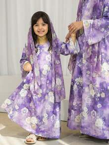 SHEIN 少女V领碎花休闲连衣裙配围巾 - 紫色 - 查看 1