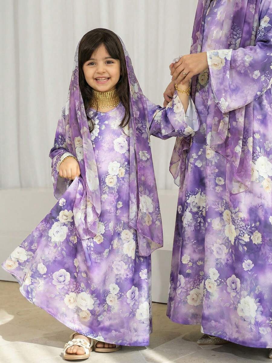 SHEIN 少女V领碎花休闲连衣裙配围巾 - 紫色 - 查看 1