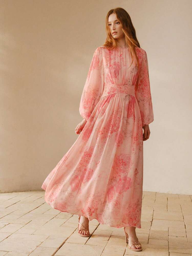 WOMEN'S PINK CHIFFON ROUND NECK WAIST CINCHED LONG SLEEVE MIDI DRESS