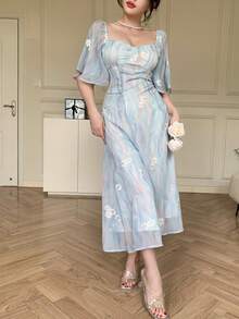 Dazy Tall Đầm dài tay thanh lịch in hoa cổ vuông dành cho nữ dáng cao, đầm mùa hè kiểu dáng nghỉ mát. - Xám Xanh - Xem 8