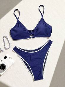 Swim SXY 泳装 -D蕾丝花边镂空吊带性感休闲可爱比基尼套装，蓝色亮面面料，女士泳装 - 藍色 - 查看 4