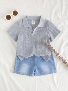 SHEIN Vintaside Kids 1 Set Baby Boy Summer Versatile Casual Collar Short Sleeve Minimalist Top Paired With Fashionable Washed Denim Shorts, Suitable For Daily Wear, Family Camping, Dining Or Shopping