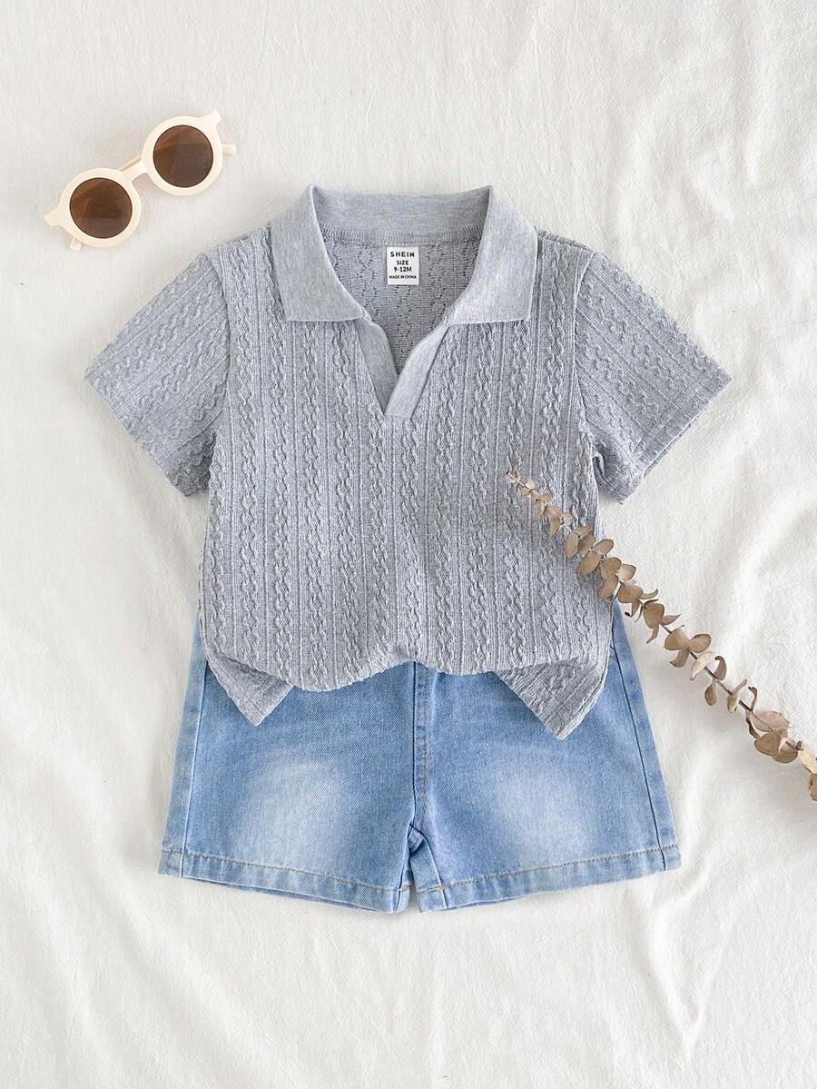 SHEIN Vintaside Kids 1 Set Baby Boy Summer Versatile Casual Collar Short Sleeve Minimalist Top Paired With Fashionable Washed Denim Shorts, Suitable For Daily Wear, Family Camping, Dining Or Shopping