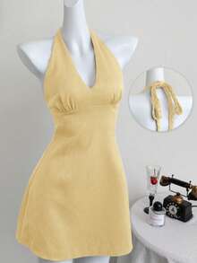 Elamini 深V领露背系带优雅性感A字连衣裙，春夏款 - 淡黃色 - 查看 1