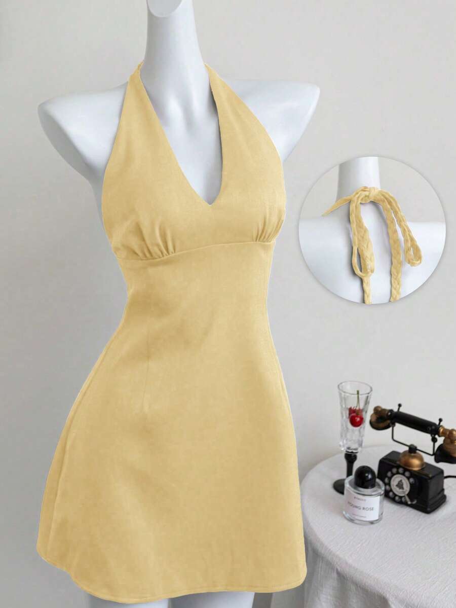 Elamini 深V领露背系带优雅性感A字连衣裙，春夏款 - 淡黃色 - 查看 1