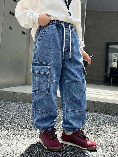 SHEIN Young Boy Vintage Casual Street Cool Multi-Pocket Loose Comfortable Elastic Waist Drawstring Cuffed Denim Cargo Pants Fall Winter