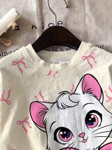 SHEIN Bộ 2 món cho bé gái, kiểu dáng thường ngày, dễ thương, họa tiết mèo thắt nơ, thời trang ngọt ngào, áo thun ngắn tay cổ tròn màu kem hồng công chúa và quần legging, thích hợp cho mùa xuân/hè, thu/đông, mặc hàng ngày, trong nhà/ngoài trời, ngày lễ tình nhân, phong cách Y2K, dễ thương, ấm áp cho trẻ em, thời trang thu đông cho trẻ em, phong cách mới mùa thu, thời trang hoa nở, quần áo bé gái. - Nhiều màu - Xem 5