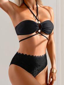 Swim Vcay Women's Sexy Black Lace Floral Trim Triangle Bikini Swimsuit, Beach Wear - Black - View 8