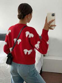 Novedades primavera/verano: Suéter informal de cuello redondo multicolor para mujer con lazo 3D, cálido y cómodo para llevar a diario, salidas, vacaciones, festivales, fiestas, actividades al aire len casa. Ideal para San Valentín, Año Nuevo y Semana Santa. - Rojo - Ver 3