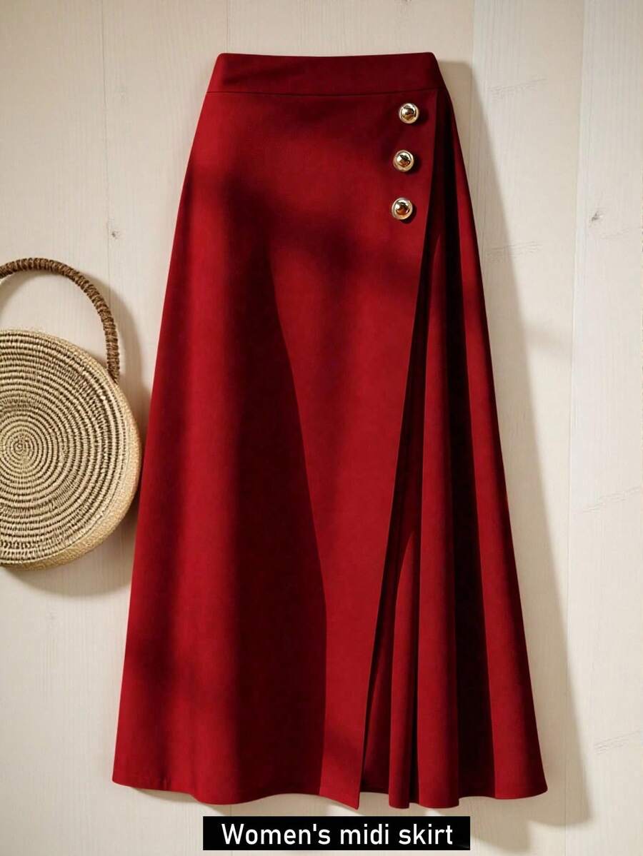 Franclia 时尚休闲通勤独特侧扣微褶 A 字裙，春秋 - 紅色 - 查看 1