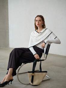 MOTF PREMIUM 2PCS WOMEN V-NECK SLIM FITTED SWEATER AND CONTRAST TRIM SHAWL SET - Beige - View 5