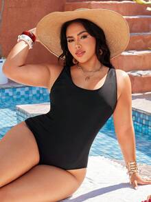 SHEIN Swim Lushore 大码纯色圆领简约连体裤，配网纱裙摆，性感休闲沙滩度假大码泳装套装 - 黑色 - 查看 6