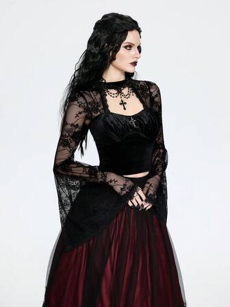 Breakform Women's Gothic Sexy Elegant Round Neck Hollow Metal Cross Decor Velvet Contrast Lace Flare Sleeve Crop Top