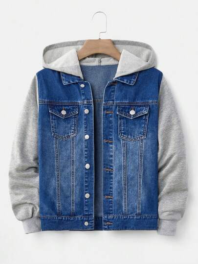 SHEIN Teen Boy Fashion Casual Y2k Vintage Cool Street Returns To School College Black Denim And Hooded Knitted Long-Sleeved Loose Jacket For Teen Boy Clothes Teen Boy Soft Dailywear And Teen Boy Winter And Fall Rave Outfits Festival And Outfits Streetwear School Clothes