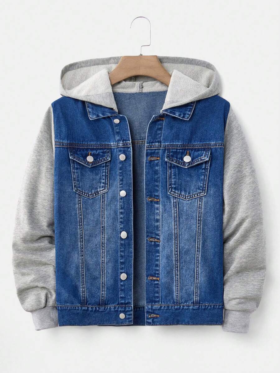 SHEIN Veste ample à capuche en denim noir et tricot à manches longues, style décontracté Y2K vintage cool, streetwear pour adolescent, retour à l'école et collège, vêtement doux pour le quotidien, l'hiver, l'automne, les festivals rave et le style urbain - Jean brut - Voir 1