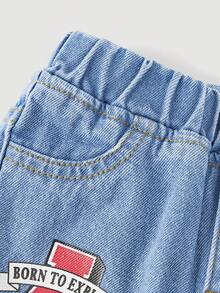 SHEIN Baby Boys' Stonewashed Graffiti Letter Print Ripped Frayed Loose Fit Straight Leg Black Denim Pants,For Baby Streetwear Outfits And Spring/Summer Clothes - Light Wash - View 3