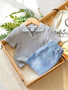SHEIN Vintaside Kids 1 Set Baby Boy Summer Versatile Casual Collar Short Sleeve Minimalist Top Paired With Fashionable Washed Denim Shorts, Suitable For Daily Wear, Family Camping, Dining Or Shopping
