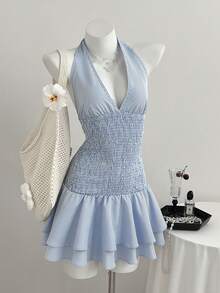 Elamini 女士蓝白条纹深褶皱露背系带荷叶边迷你连衣裙，优雅春夏款，适合办公室、学校、毕业典礼、度假、婚礼、简约日常穿着。 - 藍白色 - 查看 3