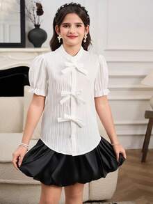 1pc Girls Elegant Polyester Blouse, Simple And Generous, Suitable For School, Commuting And Other Scenarios In Spring And Autumn - White - View 3
