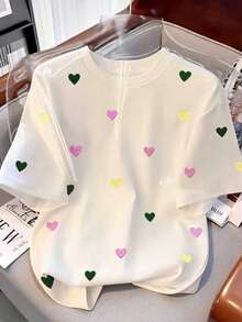 Resyla Women's Casual Heart Embroidery Short Sleeve T-Shirt, Summer - White - View 3