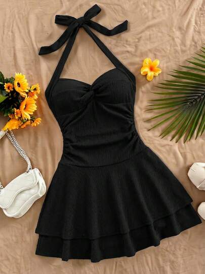 SHEIN Short Black Halter Neck Tiered Cami Dress For Teen Girls Sleeveless And Plain Polyester Casual Style