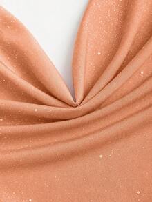 SHEIN PETITE Đầm ngắn ôm sát người bằng vải dệt kim đính sequin, cổ cao, hở lưng dành cho nữ, thích hợp dự tiệc. - trái cam - Xem 6