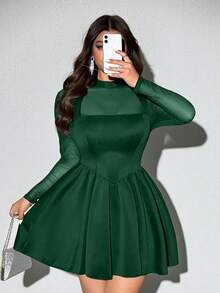 Viva Relle Plus Size Women's Elegant Sexy Party Dress With Stand Collar, Mesh Patchwork, Waist Cinching, Suitable For Spring, Summer, Autumn - Dark Green - View 7