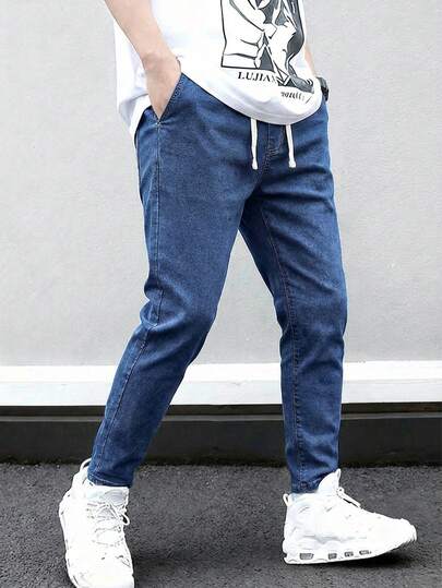 SHEIN Explorewe Tween Boy 百搭弹力腰带抽绳修身休闲灰色牛仔裤