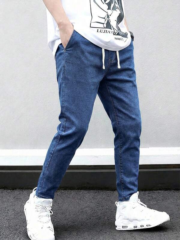 SHEIN Explorewe Tween Boy 百搭弹力腰带抽绳修身休闲灰色牛仔裤