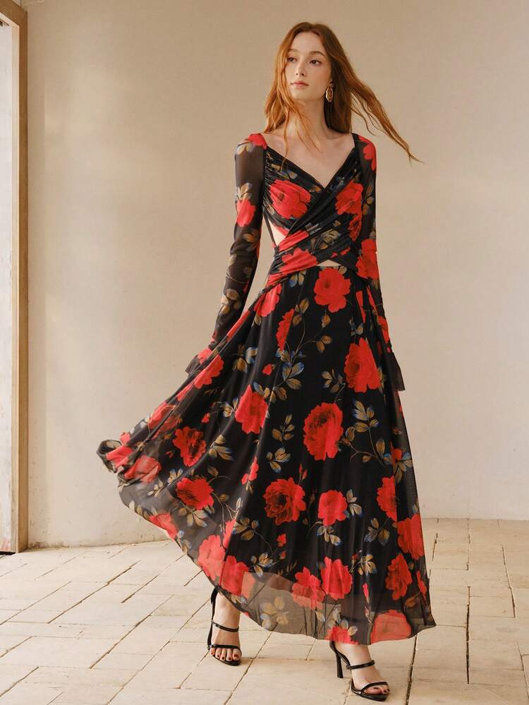 SPRING/SUMMER FASHION V-NECK PLEATED RUFFLE HEM PUFF SLEEVE WAIST CINCHED PRINTED DRESS FOR WOMEN