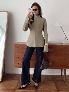 Elyressa 女士编织的休闲优雅秋季衬衫 - 軍綠色 - 查看 6