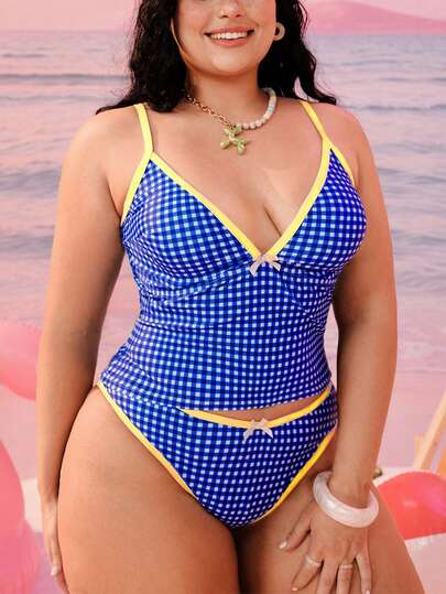 Swim Mod Plus Size Women 2-Piece Random Geometric Square Print Fashion Vacation Casual Slimming Modest Bow Adjustable Thick Strap High Waist High Leg Opening Triangle Bikini Swimsuit 2026 New Backless Tankini Set