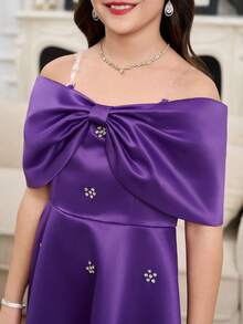 "One Piece Girls Aged 8- 12 Years Elegant Princess - Style Satin Fabric Chest Large Bowknot Rhinestone Embellished Off - Shoulder Sleeveless A - Line Midi Dress For Party, Wedding, Flower Girl, Ceremony, Pageant, Spring & Summer" - Purple - View 6
