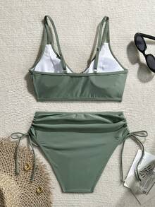 Swim Lushoire Bộ bikini 2 món dành cho nữ, gồm áo bikini khóa kim loại và quần short cạp cao xếp ly hai bên, thích hợp cho kỳ nghỉ hè ở bãi biển. - xanh quân đội - Xem 5