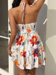 Sunnyshic 女士休闲时尚日常度假优雅连衣裙，收腰设计，荷叶边装饰，印花图案，领带和蝴蝶结点缀，短款，春夏款 - 彩色 - 查看 2