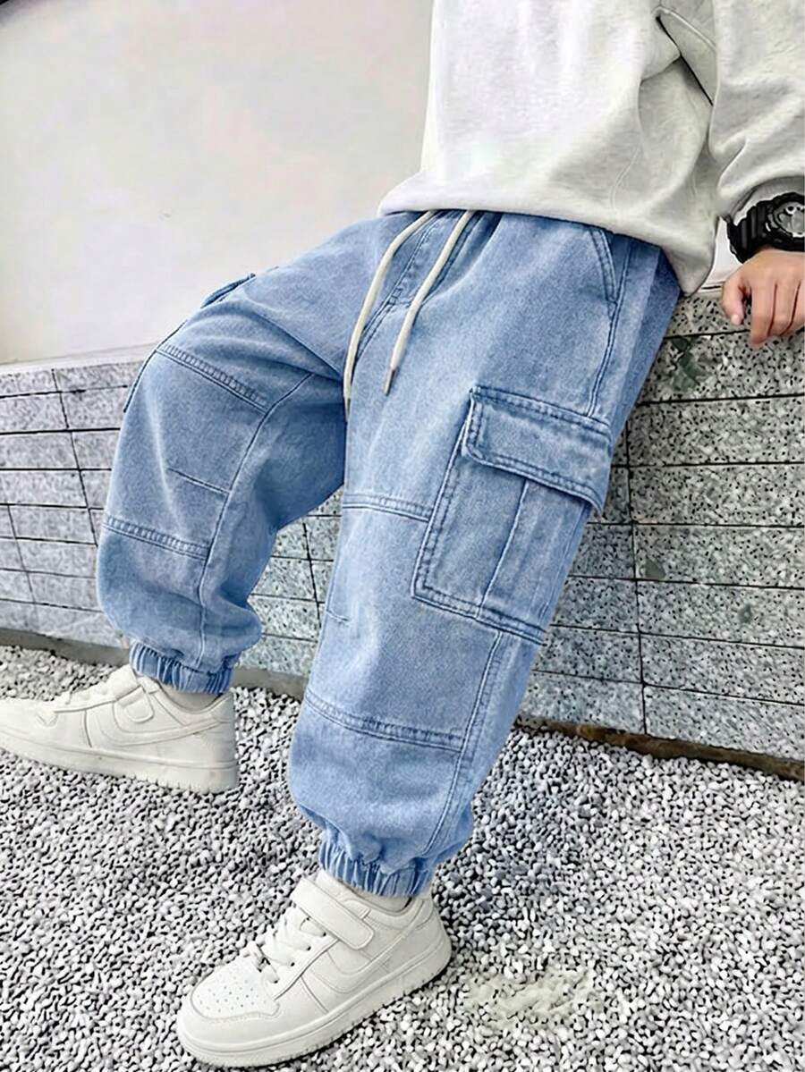 SHEIN 年輕男孩復古休閒街頭風鬆身舒適彈性腰帶束口牛仔貨物褲 - 淺色水洗藍 - 查看 1