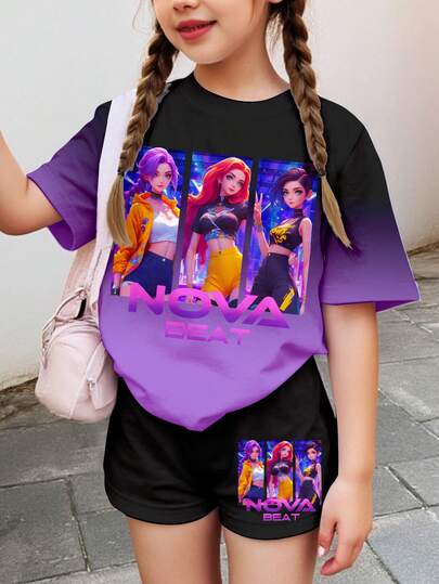 SHEIN Purple Ombre Nightfall Black, Korean Cartoon Anime Girl Outing, K-Pop, Young Girl Casual Minimalist Short Sleeve & Shorts 2-Piece Set, Suitable For Summer, Cute Summer Outfits For Outing, Summer Kids Items, Summer Outing Items, Korean Style, Homecoming, Easy Comfort, Stylish Kids, Spring & Summer Outfits For Outing, Casual Wear, Baby & Kids Graphic Tops, Summer New Style, Spring & Summer Fashion