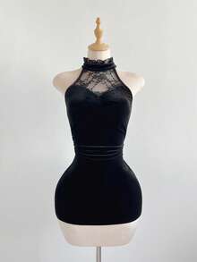 Elamini Đầm ngắn ôm sát cổ yếm phối ren đen, kiểu dáng cổ điển thanh lịch, dễ thương, phù hợp cho tiệc tùng, đi làm, buổi tối và mặc hàng ngày. - màu đen - Xem 3