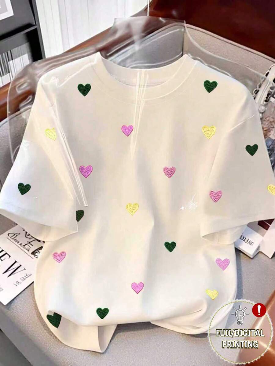 Resyla Women's Casual Heart Embroidery Short Sleeve T-Shirt, Summer - White - View 1