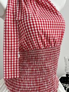 Lyxana Women's Red & White Plaid Cotton Fabric Asymmetric Shoulder Tie-Neck Backless Blouse, Elegant For Spring, Summer, Commute, Graduation, Back To School, Teacher, Daily Wear, Date - Red and White - View 7