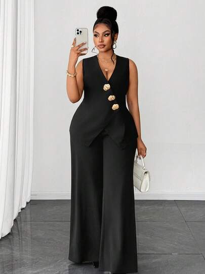 Maweii Plus Size Women Solid V-Neck Single-Breasted Vest Top And Wide Leg Pants Casual Suit Set