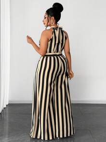 Maweii Jumpsuit Seksi Belahan Bergaris Tenun untuk Wanita Ukuran Besar - Khaki - View 6