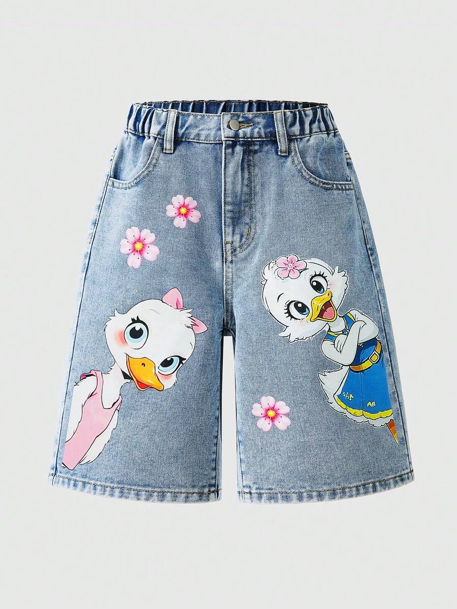 SHEIN Shorts vaqueros de cintura elástica con estampado de pato de dibujos animados para niña preadolescente - Lavado ligero - Ver 1