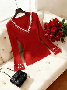 SHEIN Unity Women's Elegant Red Knitted Sweater,V-Neck Slim Fit Pullover Top With Trim For Autumn,Party,Festive Occasions,Valentine's Day And Holiday Gathering - Red - View 5