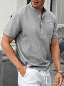 Manfinity CasualCool Dual-Tone Casual Stand Collar Short Sleeve Shirt - Light Grey - View 3