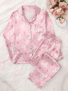 少女粉色条纹小熊印花仿丝绸睡衣套装，带领子和长袖 - 粉色 - 查看 3